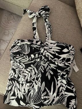Talbots Black and White Ruched Halter Tankini Top NWT